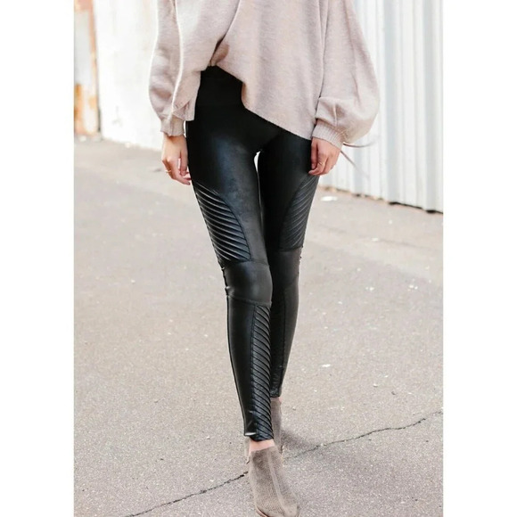 Spanx Black Faux Leather  Moto Leggings - Picture 1 of 16
